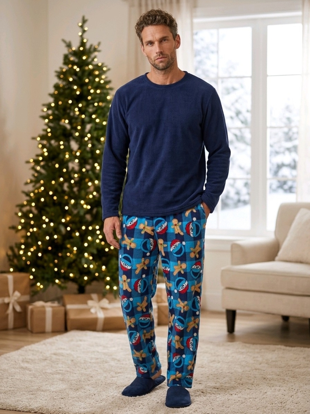 Sesame Street Blue Cookie Monster Christmas Plush Fleece Lounge Pants XL